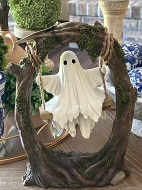 NEW! Vintage Inspired White Halloween Boo Ghost on Rope Swing Figurine